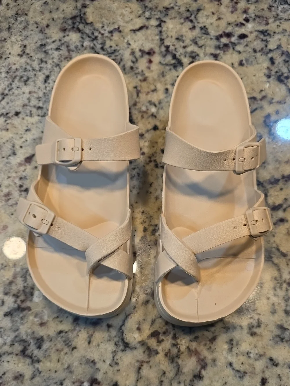 Cream Strappy Buckle Slide Sandals